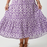 Orlaith — Purple Ikat-Print Tassel-Tie Maxi Dress with Tiered Skirt
