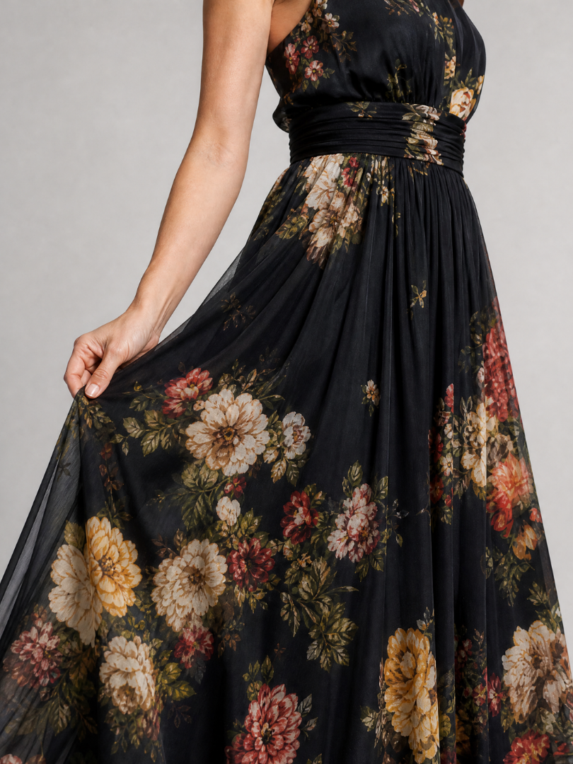Ethne — Black Floral Halter Midi Dress with Gathered Bodice