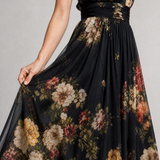 Ethne — Black Floral Halter Midi Dress with Gathered Bodice
