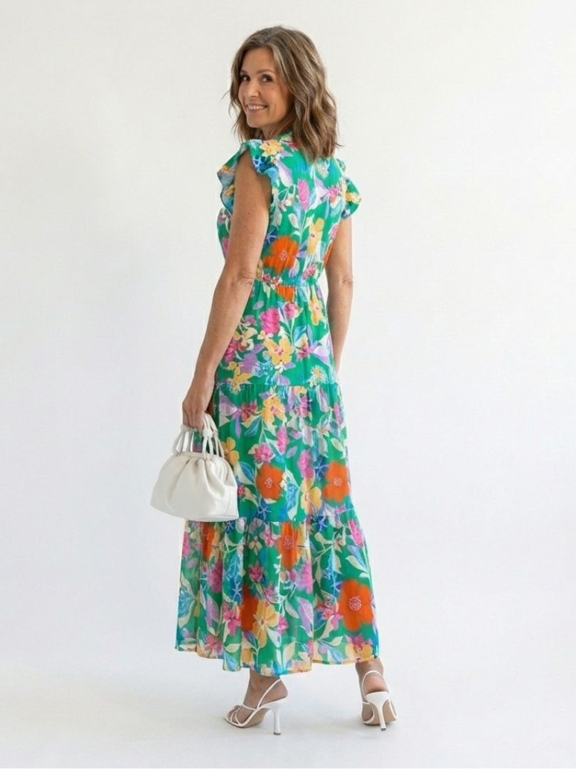 Kerttu — Floral V-Neck Tiered Midi Dress with Flutter Sleeves