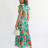 Kerttu — Floral V-Neck Tiered Midi Dress with Flutter Sleeves