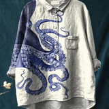 Aspasia — Navy Octopus Print Button-Up Blouse