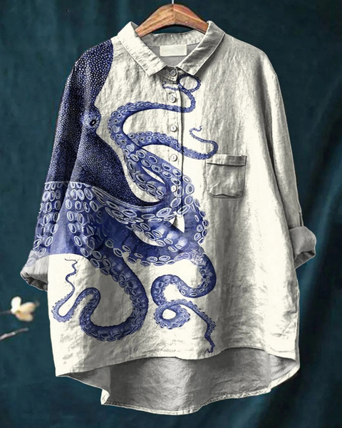 Aspasia — Navy Octopus Print Button-Up Blouse