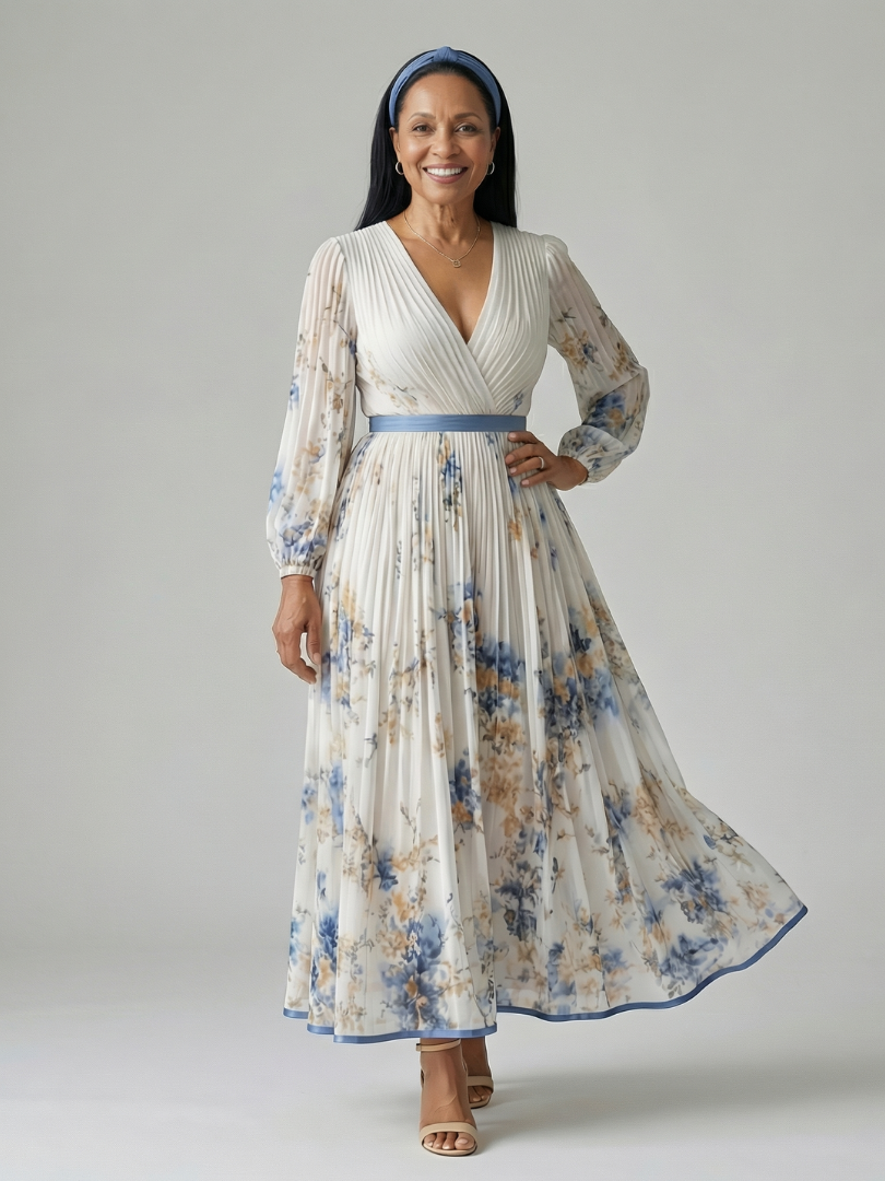 Christabel — Pleated Floral Wrap Dress with Contrast Waist