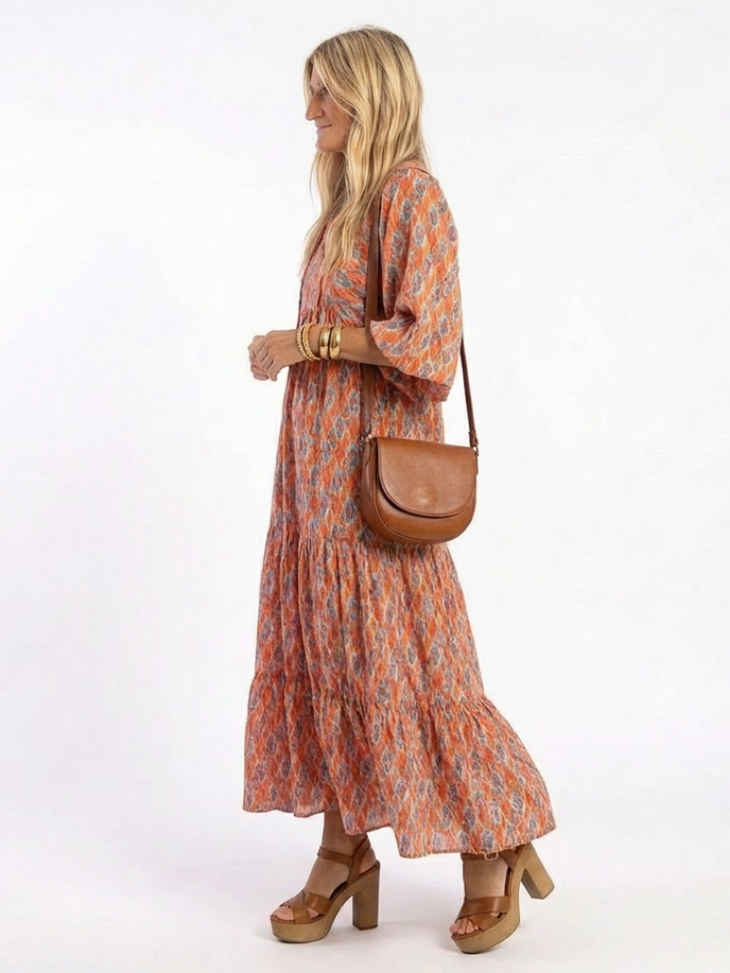 Herta — Orange Ikat-Print Tiered Maxi Dress with Tie Neck and Balloon Sleeves