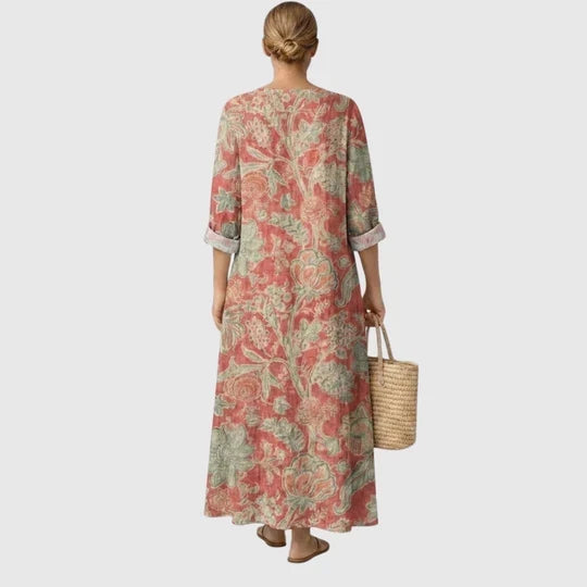 Agathe — Coral Floral V-Neck Boho Maxi Dress