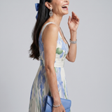 Novella — Blue Iris Print Square-Neck Midi Dress with Pleated Skirt