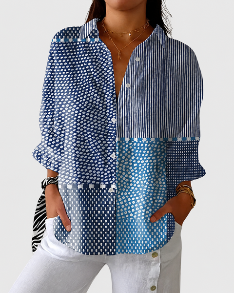 Clara — Blusa Patchwork Azul com Poá e Listras