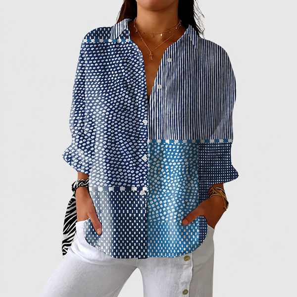 Clara — Blusa Patchwork Azul com Poá e Listras