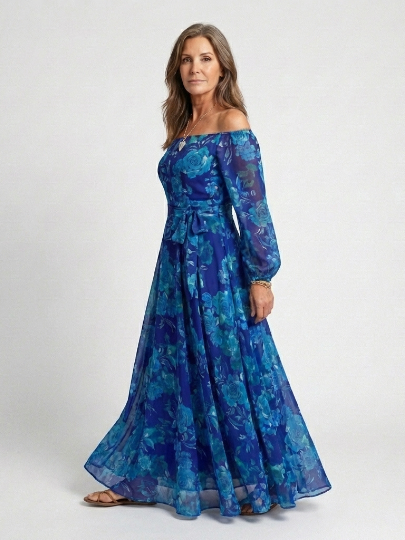 Magnhild — Blue Floral Off-Shoulder Maxi Dress with Long Sleeves