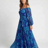 Magnhild — Blue Floral Off-Shoulder Maxi Dress with Long Sleeves