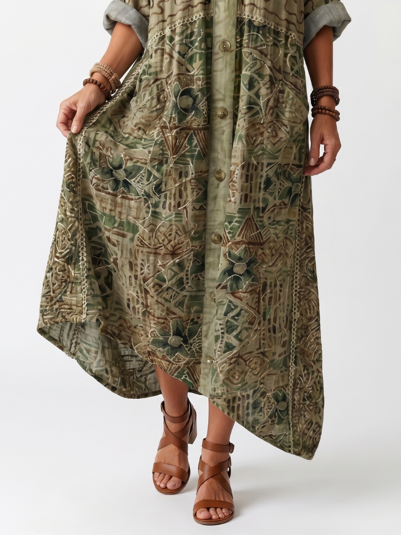 Cadella — Olive Embroidered Button-Front Relaxed Midi Dress with Pockets