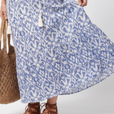 Philippine — Blue and White Ikat-Print Tassel-Tie Maxi Dress with Short Sleeves
