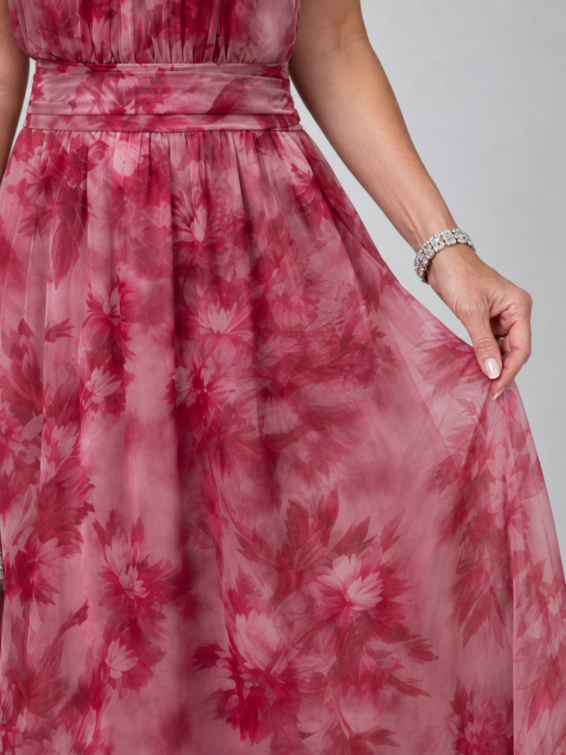 Marthe — Pink Floral Halter Midi Dress with Gathered Bodice