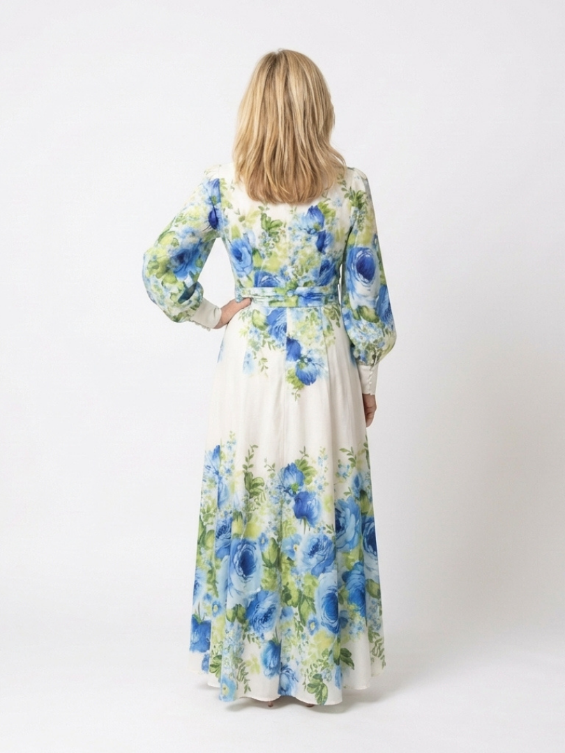 Rikke — Blue Floral Button-Front Maxi Dress with Long Sleeves and Tie Waist
