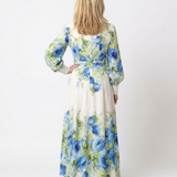 Rikke — Blue Floral Button-Front Maxi Dress with Long Sleeves and Tie Waist