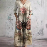 Ruxandra — Butterfly and Blossom Print V-Neck Maxi Dress