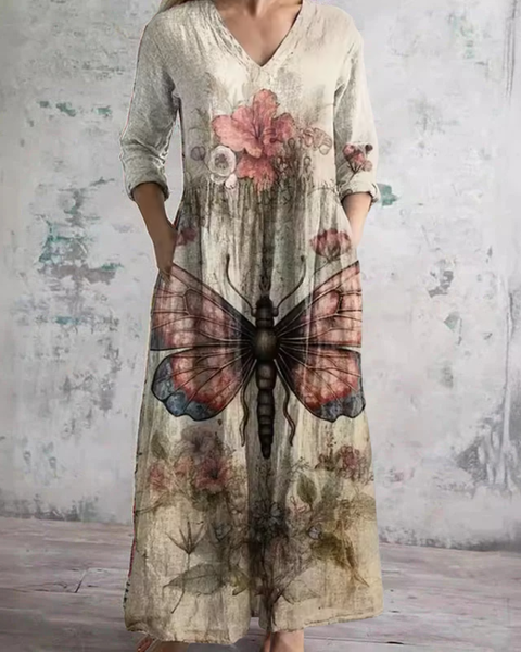 Ruxandra — Butterfly and Blossom Print V-Neck Maxi Dress