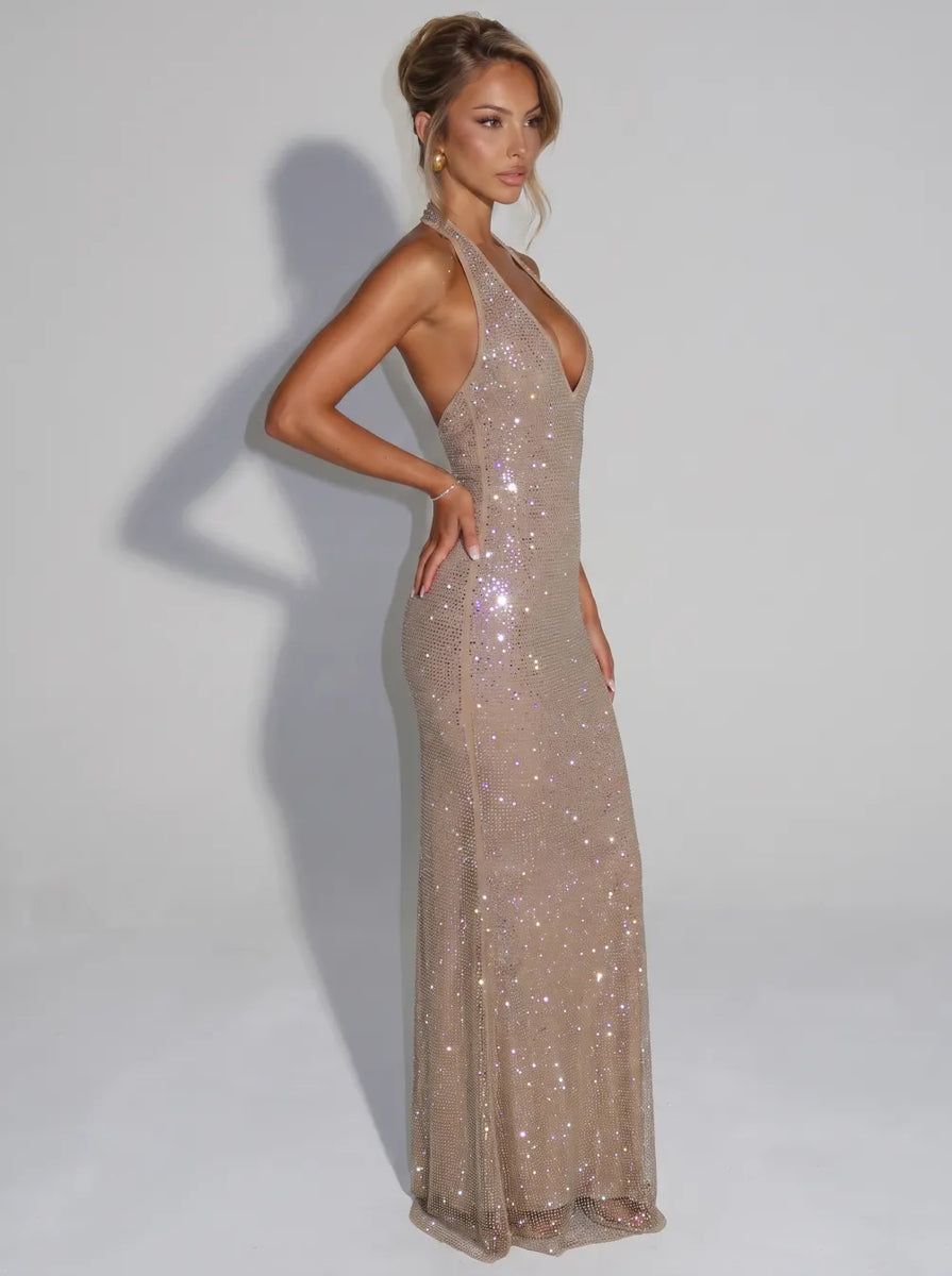 Pierina — Champagne Sequin V-Neck Midi Dress with Sheer Panels