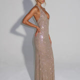 Pierina — Champagne Sequin V-Neck Midi Dress with Sheer Panels