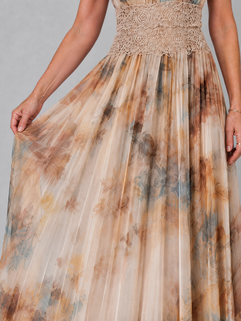 Helga — Watercolour Print Halter Maxi Dress with Lace Waist Panel