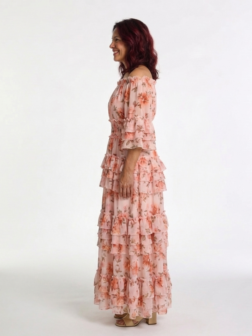 Cynwen — Peach Floral Off-Shoulder Tiered Maxi Dress with Ruffle Hem