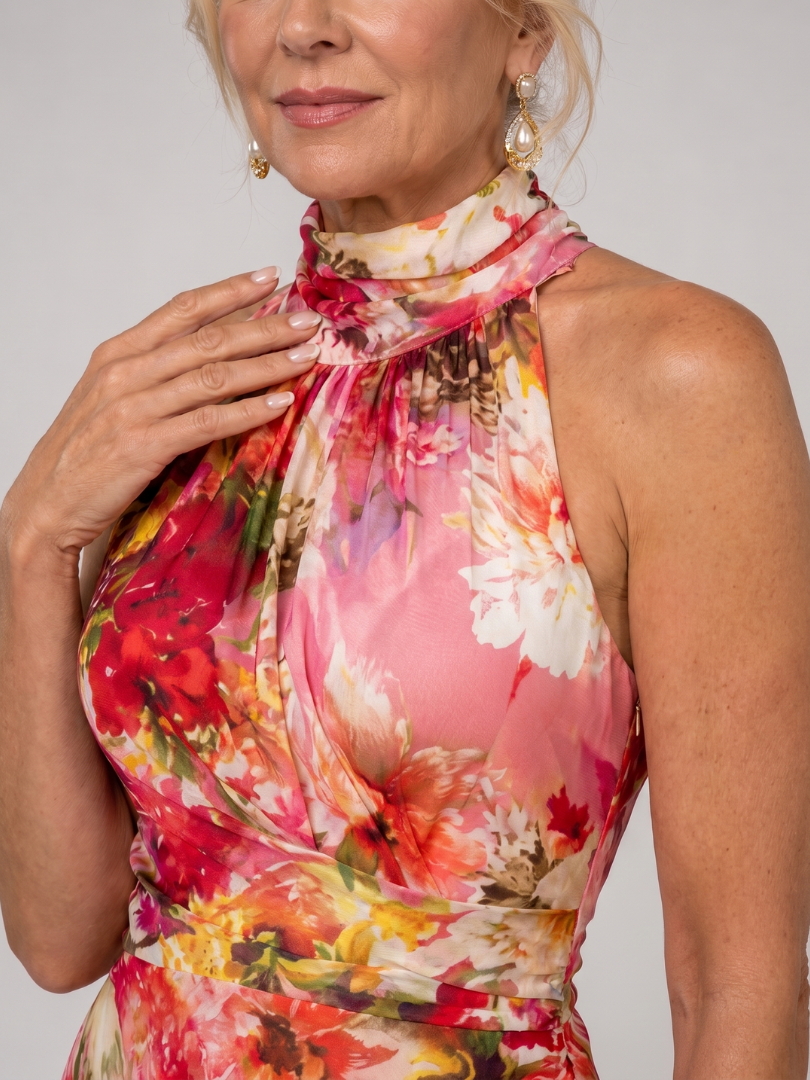 Gioconda — Red and Pink Floral Halter Maxi Dress with Gathered Bodice