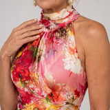 Gioconda — Red and Pink Floral Halter Maxi Dress with Gathered Bodice