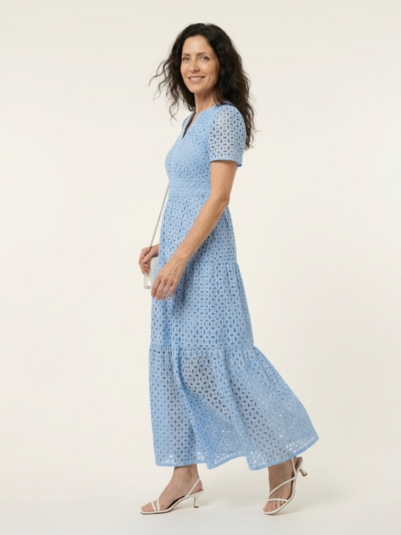Aslaug — Sky Blue Eyelet-Look Tiered Maxi Dress with Short Sleeves