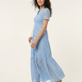 Aslaug — Sky Blue Eyelet-Look Tiered Maxi Dress with Short Sleeves