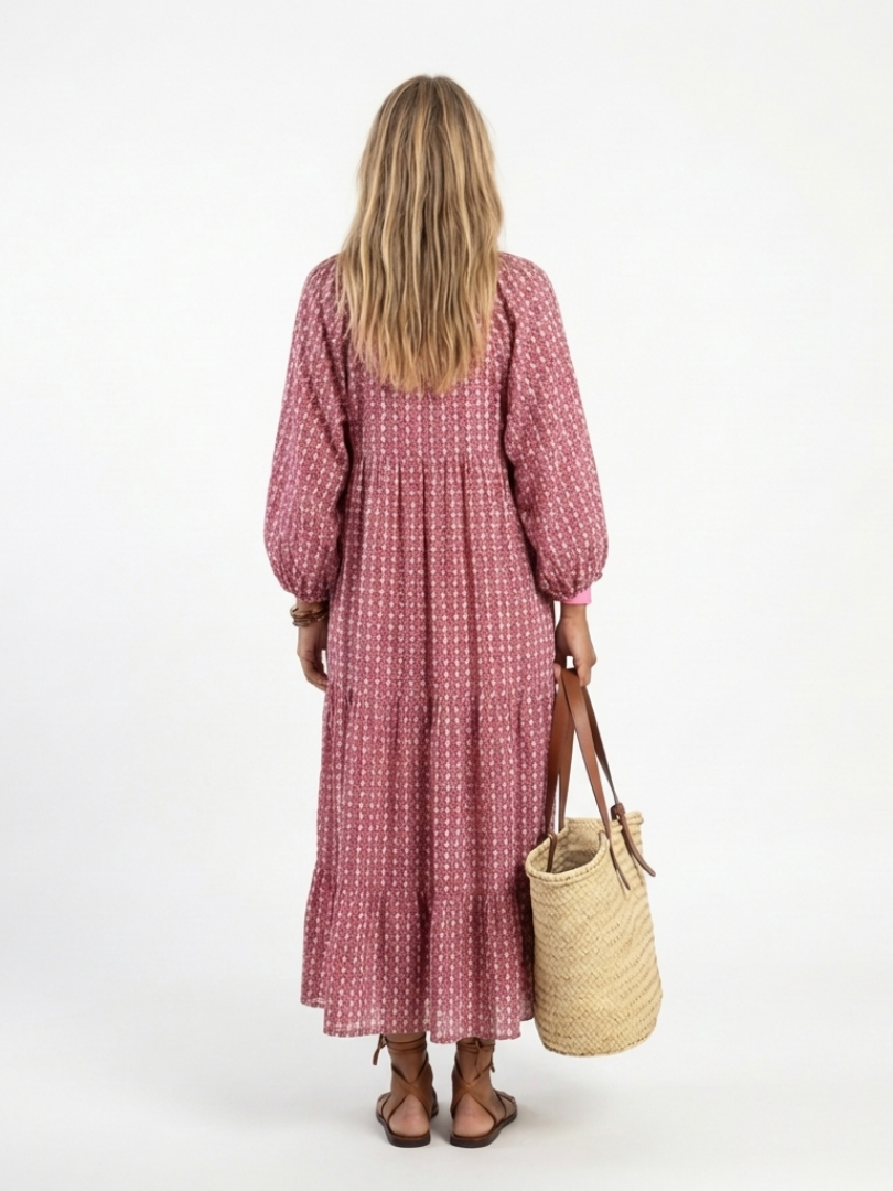Ferelith — Raspberry Geometric-Print Tiered Maxi Dress with Balloon Sleeves