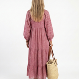 Ferelith — Raspberry Geometric-Print Tiered Maxi Dress with Balloon Sleeves