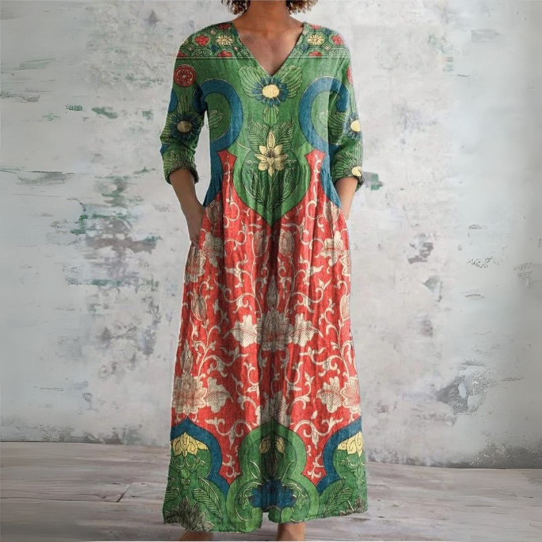 Mirjam — Green Medallion Floral Print V-Neck Maxi Dress