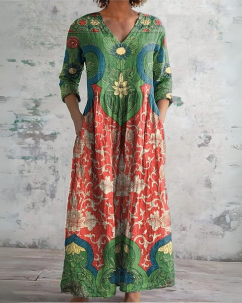 Mirjam — Green Medallion Floral Print V-Neck Maxi Dress
