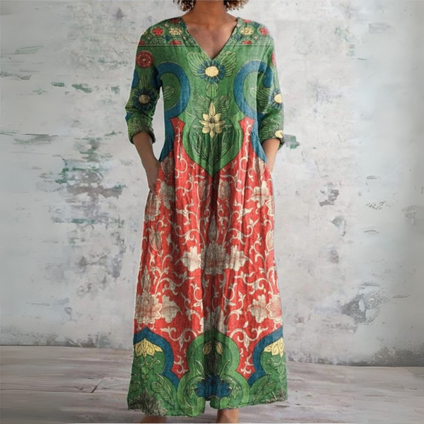 Mirjam — Green Medallion Floral Print V-Neck Maxi Dress