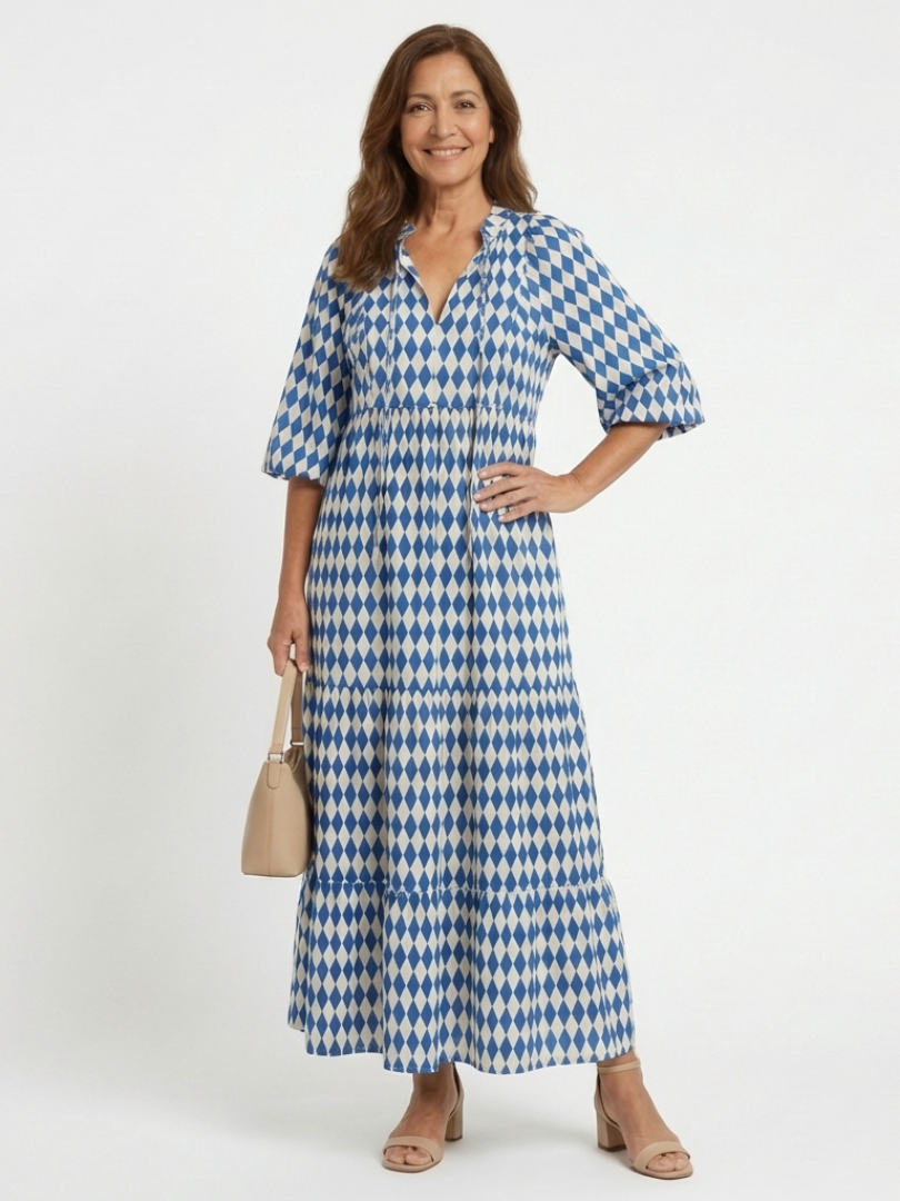 Gytha — Blue Diamond-Print Tiered Maxi Dress with Notch Neckline