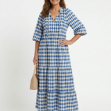 Gytha — Blue Diamond-Print Tiered Maxi Dress with Notch Neckline