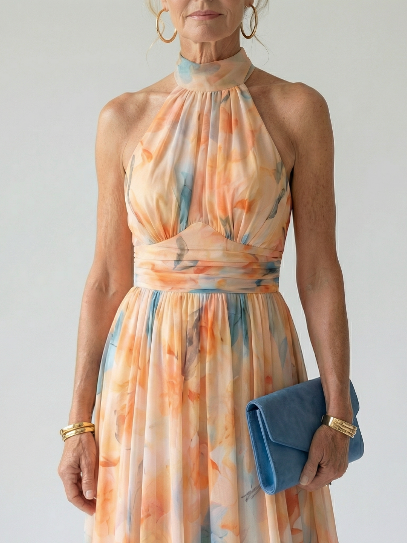 Elgiva — Apricot Watercolour Halter Midi Dress with Gathered Bodice