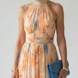 Elgiva — Apricot Watercolour Halter Midi Dress with Gathered Bodice