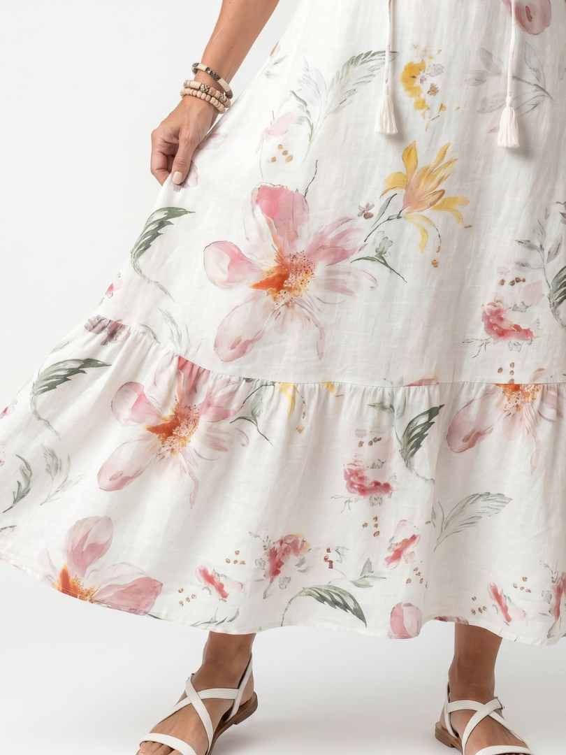 Merewyn — Ivory Soft Floral Tiered Maxi Dress with Tassel Ties