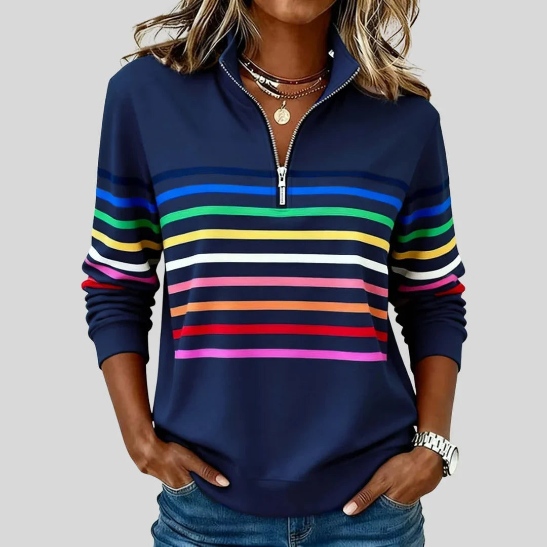 Celina Colorful Striped Quarter-Zip Sweatshirt in Navy