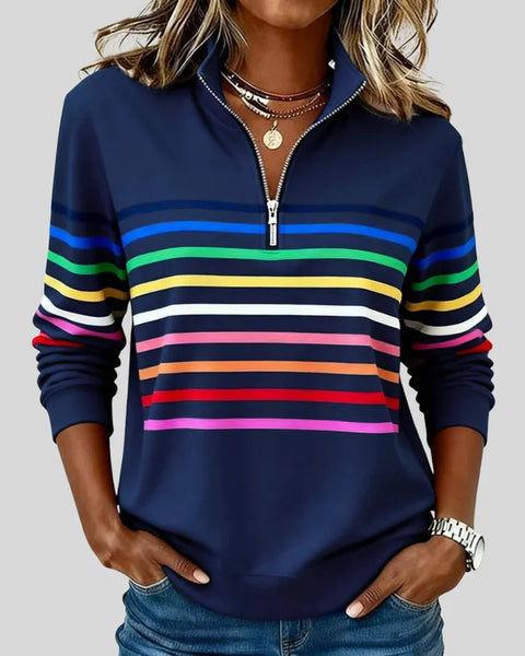Celina Colorful Striped Quarter-Zip Sweatshirt in Navy