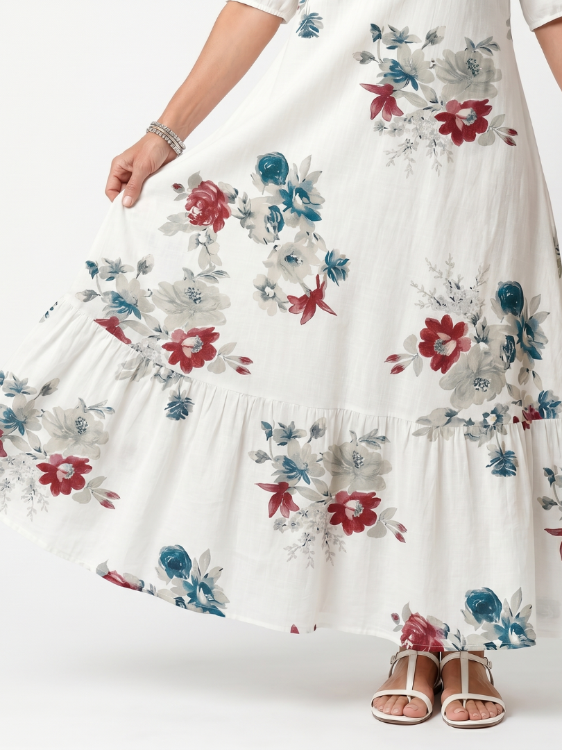 Severine — White Scattered Floral Tiered Maxi Dress with Tassel Ties