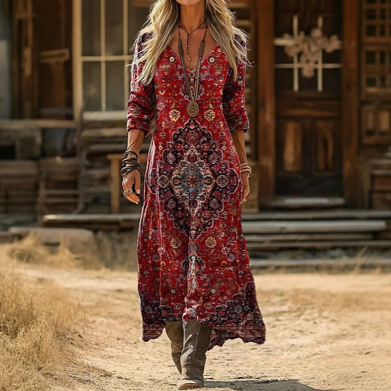 Solange — Red Medallion-Print Boho Maxi Dress