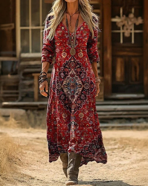 Solange — Red Medallion-Print Boho Maxi Dress