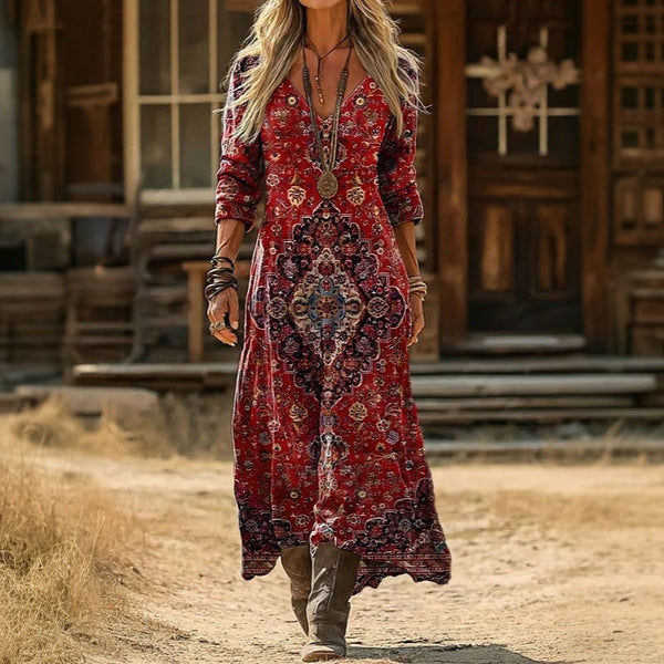 Solange — Red Medallion-Print Boho Maxi Dress