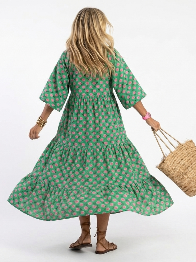 Gerlinde — Green Block-Print Tiered Maxi Dress with Puff Sleeves