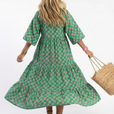 Gerlinde — Green Block-Print Tiered Maxi Dress with Puff Sleeves