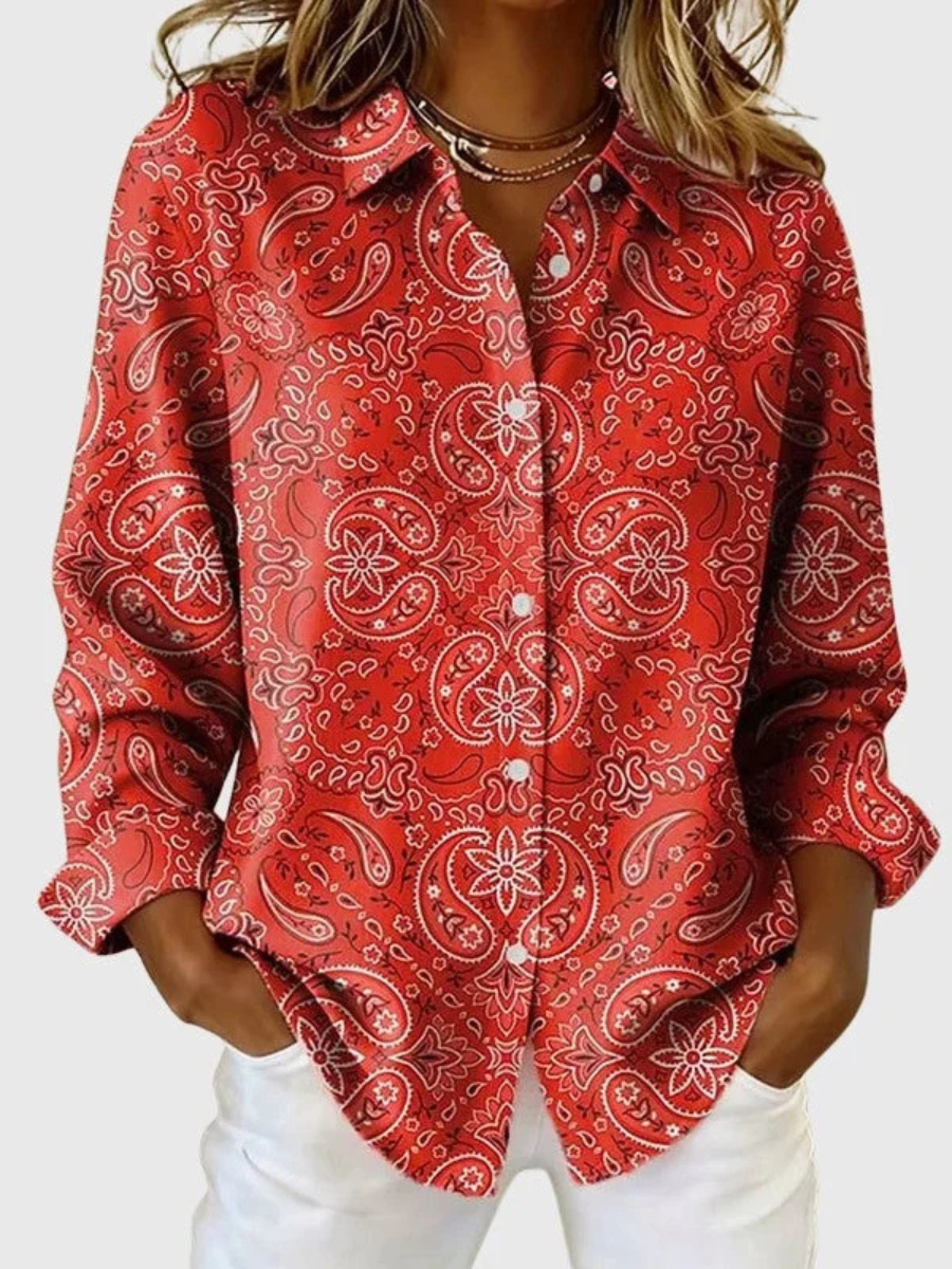 Joanna Paisley Button-Up Blouse in Red