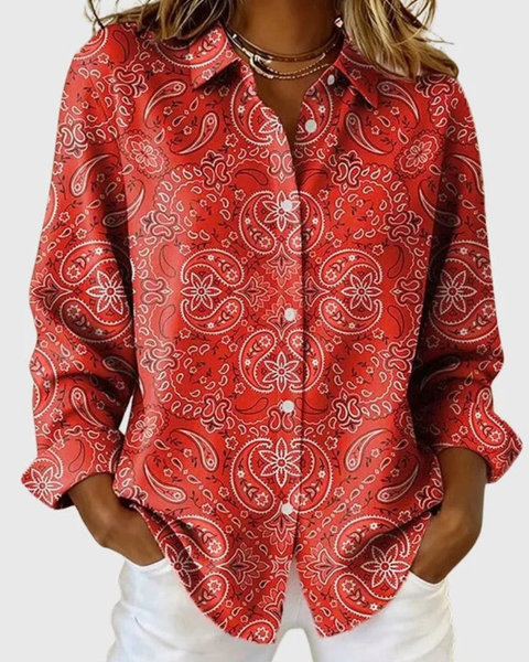 Joanna Paisley Button-Up Blouse in Red